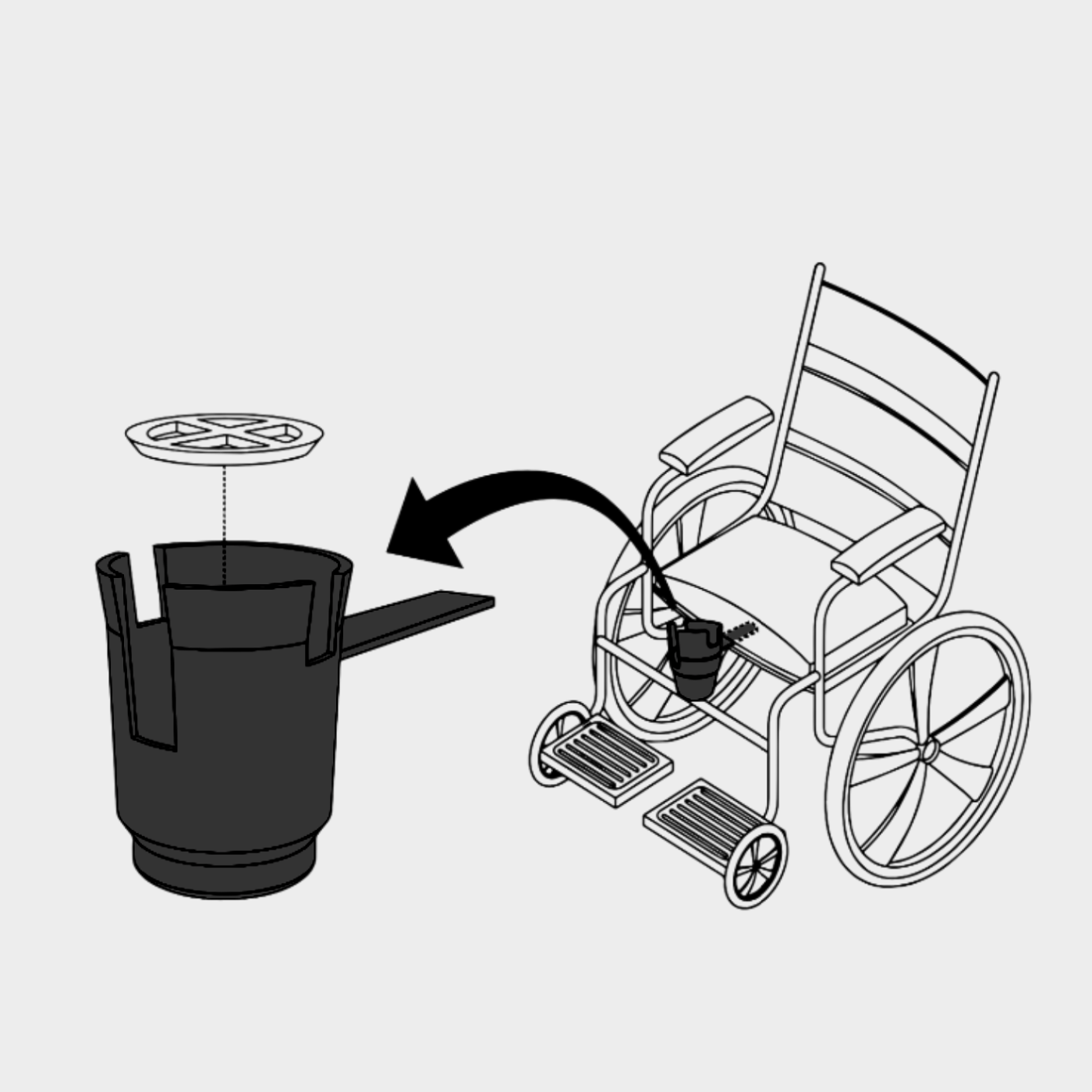 HandiCup line drawing. Insert arm of HandiCup under wheelchair seat cushion for secure installation.