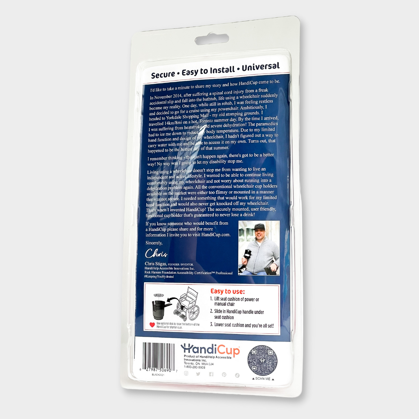 back side of HandiCup packaging
