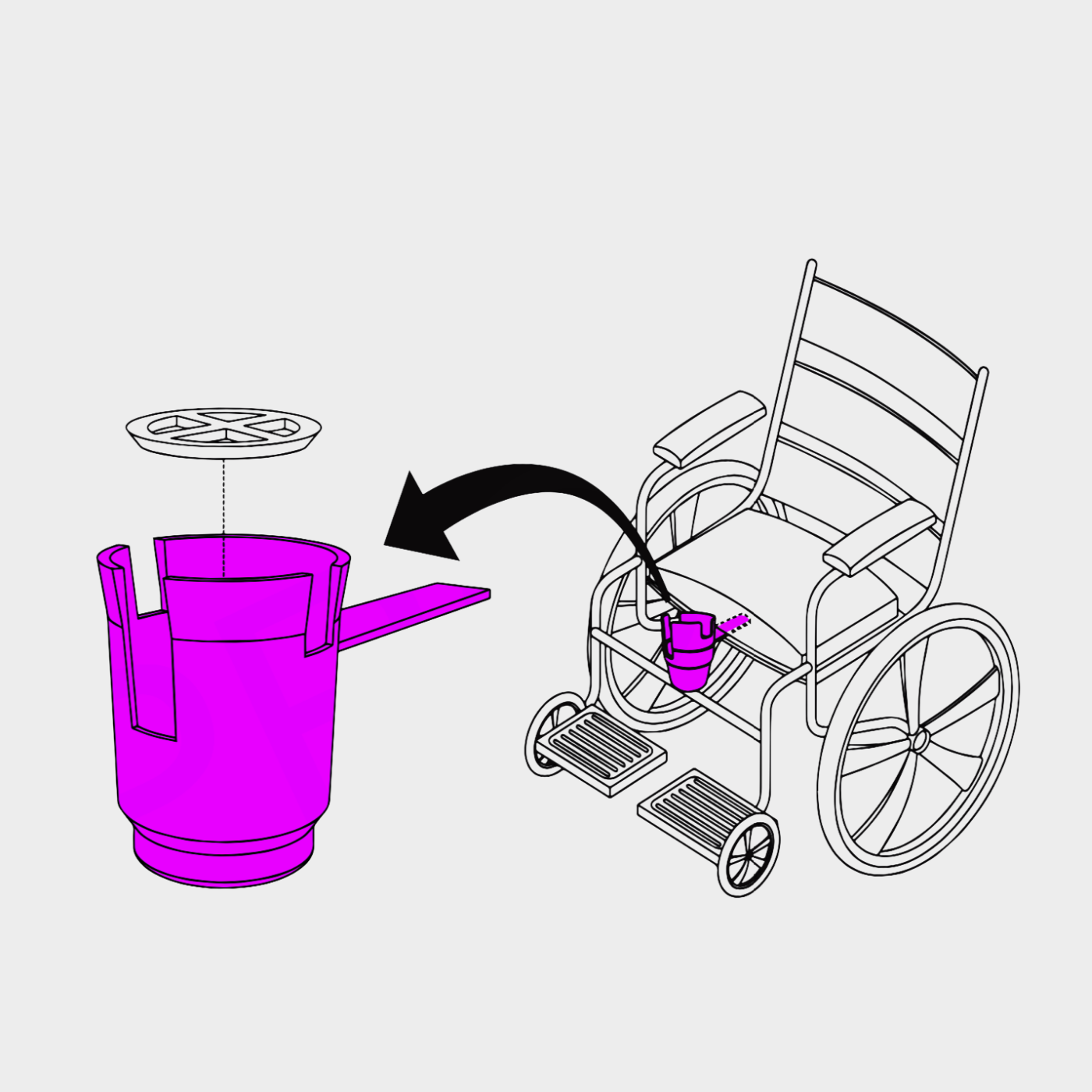 HandiCup line drawing. Insert the arm of the HandiCup under your wheelchair seat cushion to install securely.