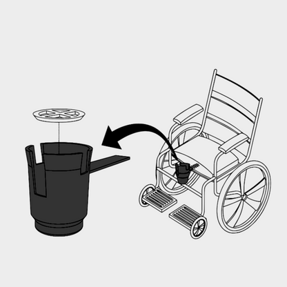 HandiCup line drawing. Insert arm of HandiCup under wheelchair seat cushion for secure installation.