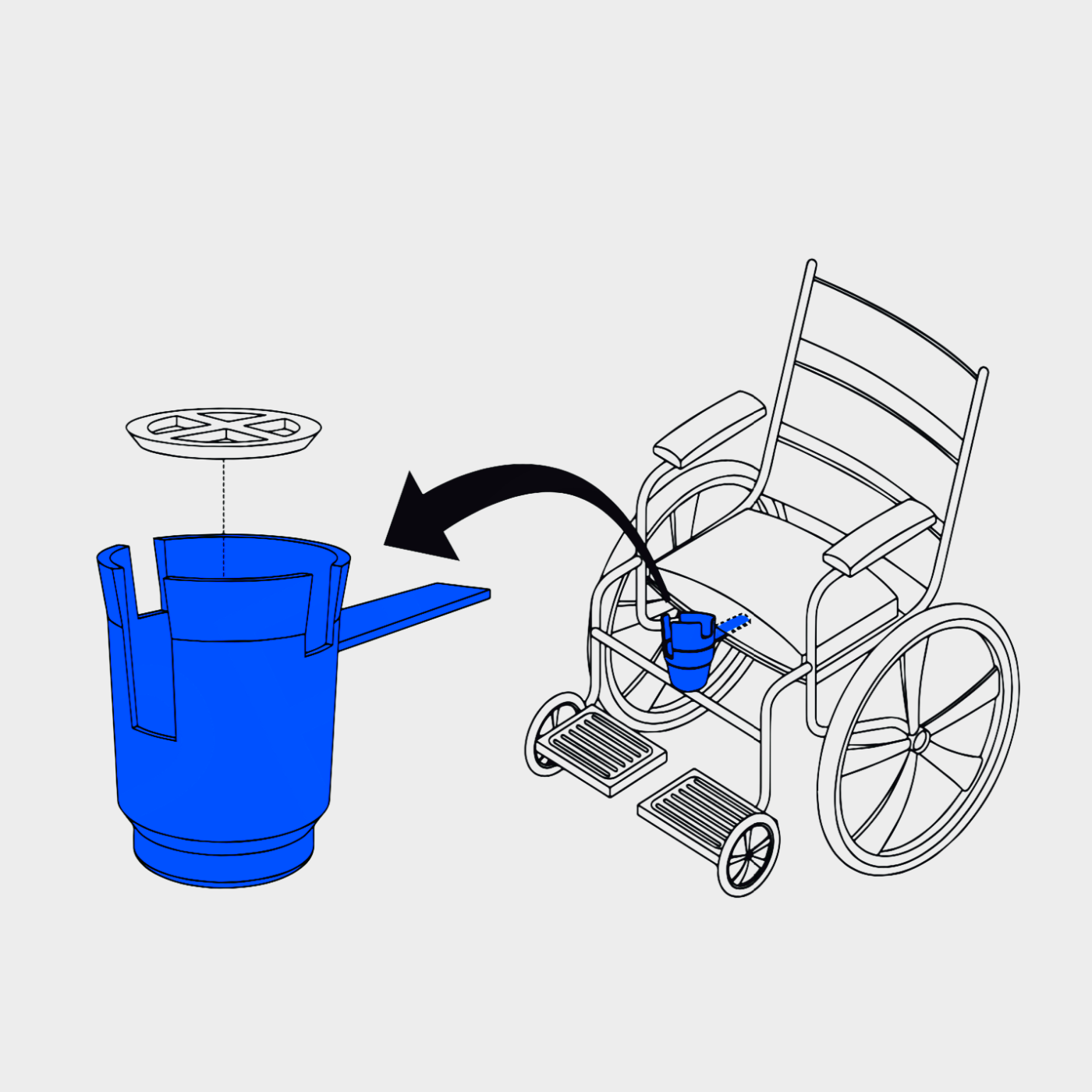 Handicup line drawing. Insert the arm of the HandiCup under the seat cushion of your wheelchair to safely install.