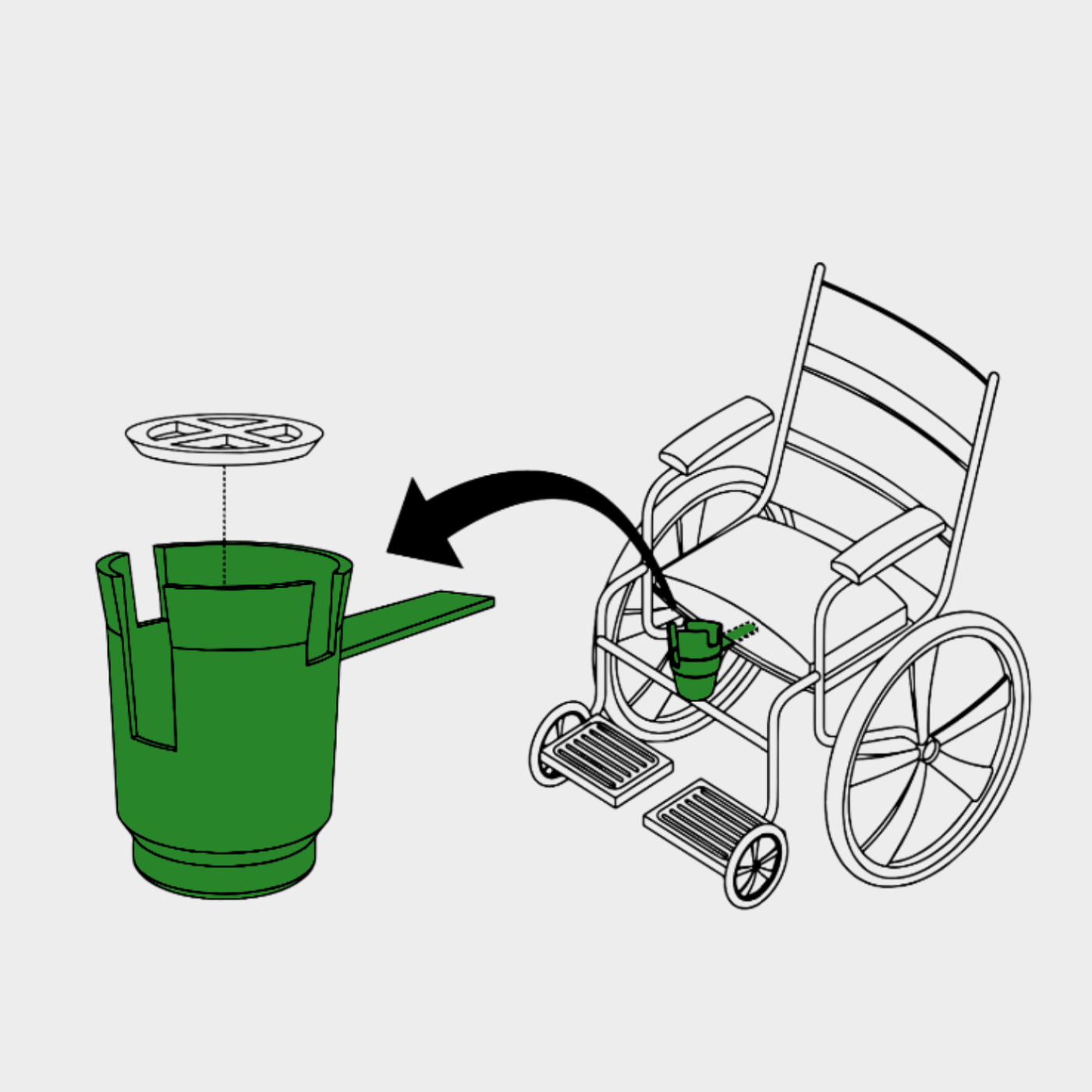 HandiCup line drawing. Insert arm of HandiCup under seat cushion of wheelchair for secure installation.