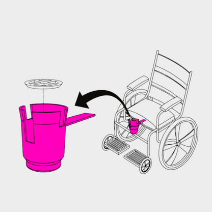 HandiCup line drawing. Insert arm of HandiCup under wheelchair seat cushion to install securely