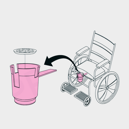 HandiCup line drawing. Insert arm of HandiCup under wheelchair seat cushion for secure installation