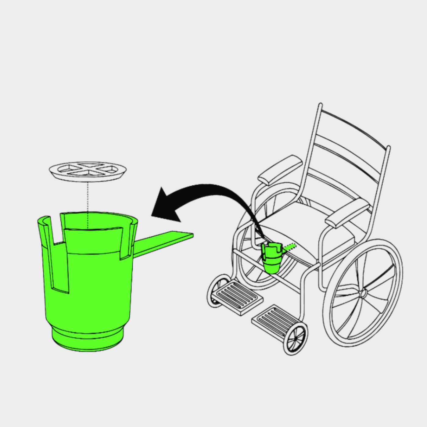 HandiCup line drawing. Insert arm of HandiCup under wheelchair cushion. no tools needed.