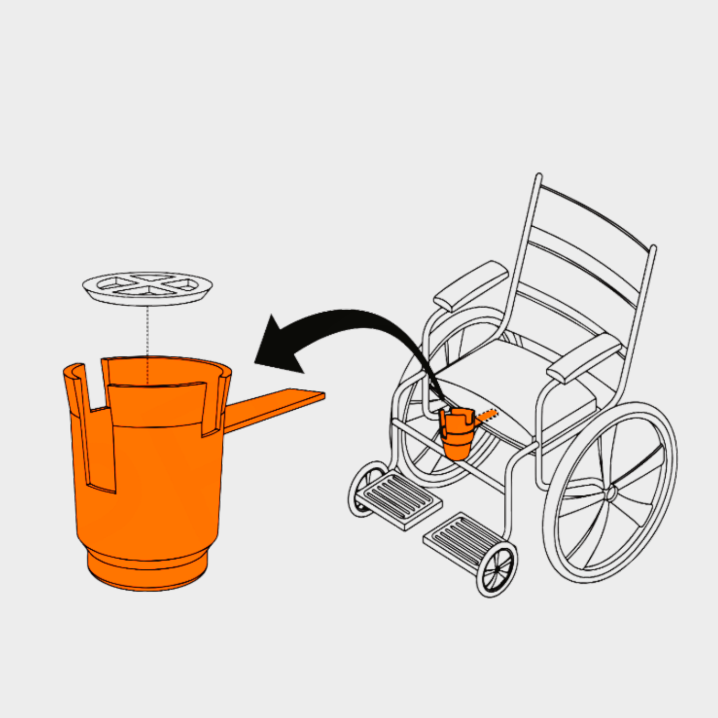 HandiCup line drawing. Insert arm of HandiCup under wheelchair seat cushion for secure installation
