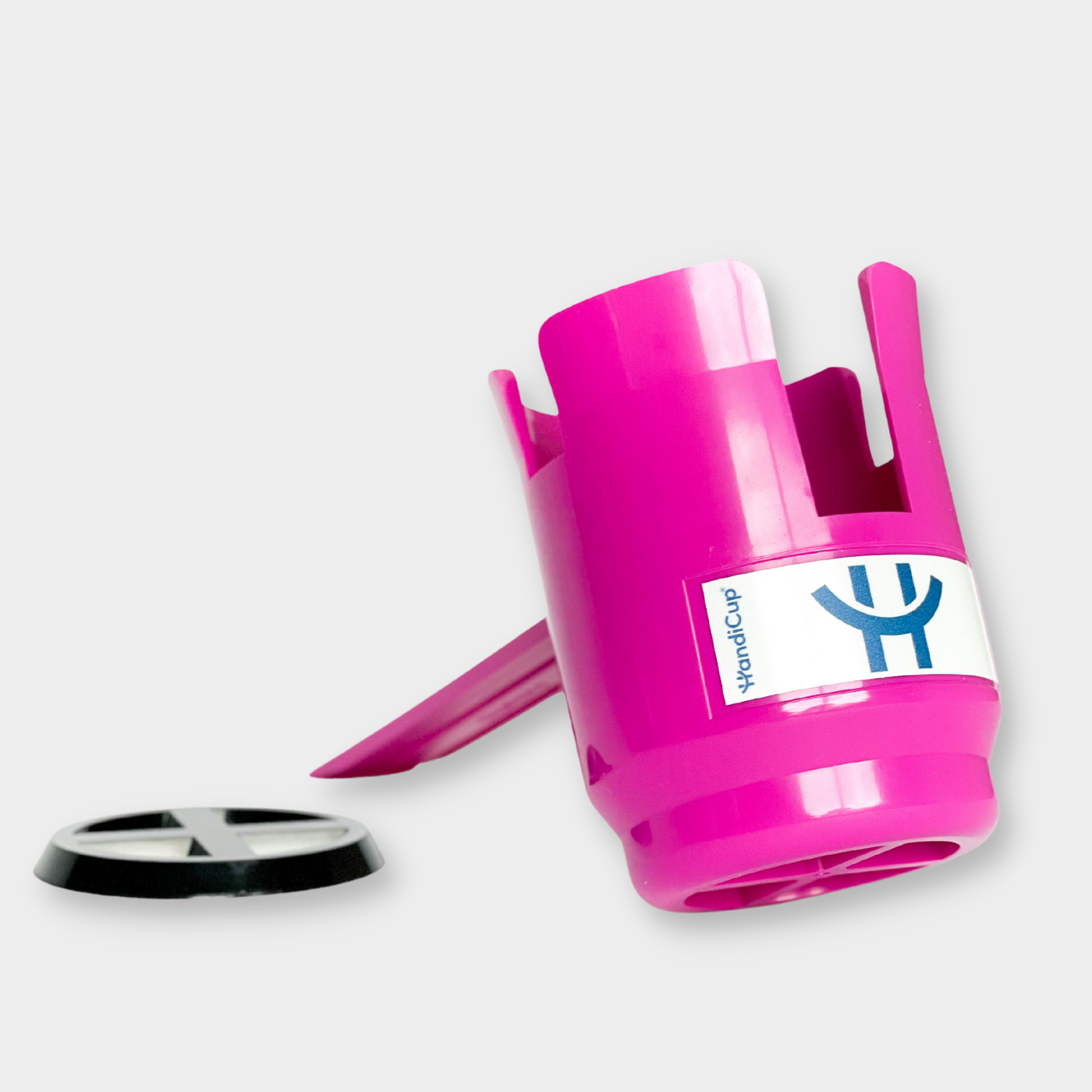 HandiCup is a wheelchair cup holder. slide under seat cushion. sized for travel mug or coffee mug.