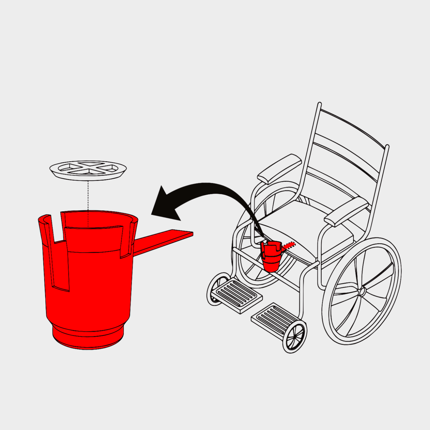 line drawing. insert the arm of the handicup under wheelchair seat cushion to install securely